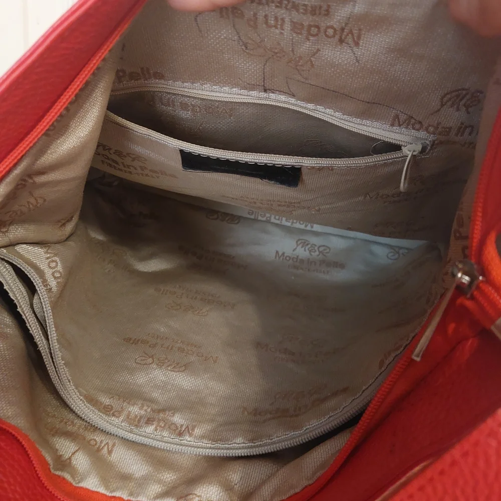 M&R Moda In Pelle Firenze Italy Red Peebled Genuine Leather Hobo Tote Bag - Picture 11 of 14